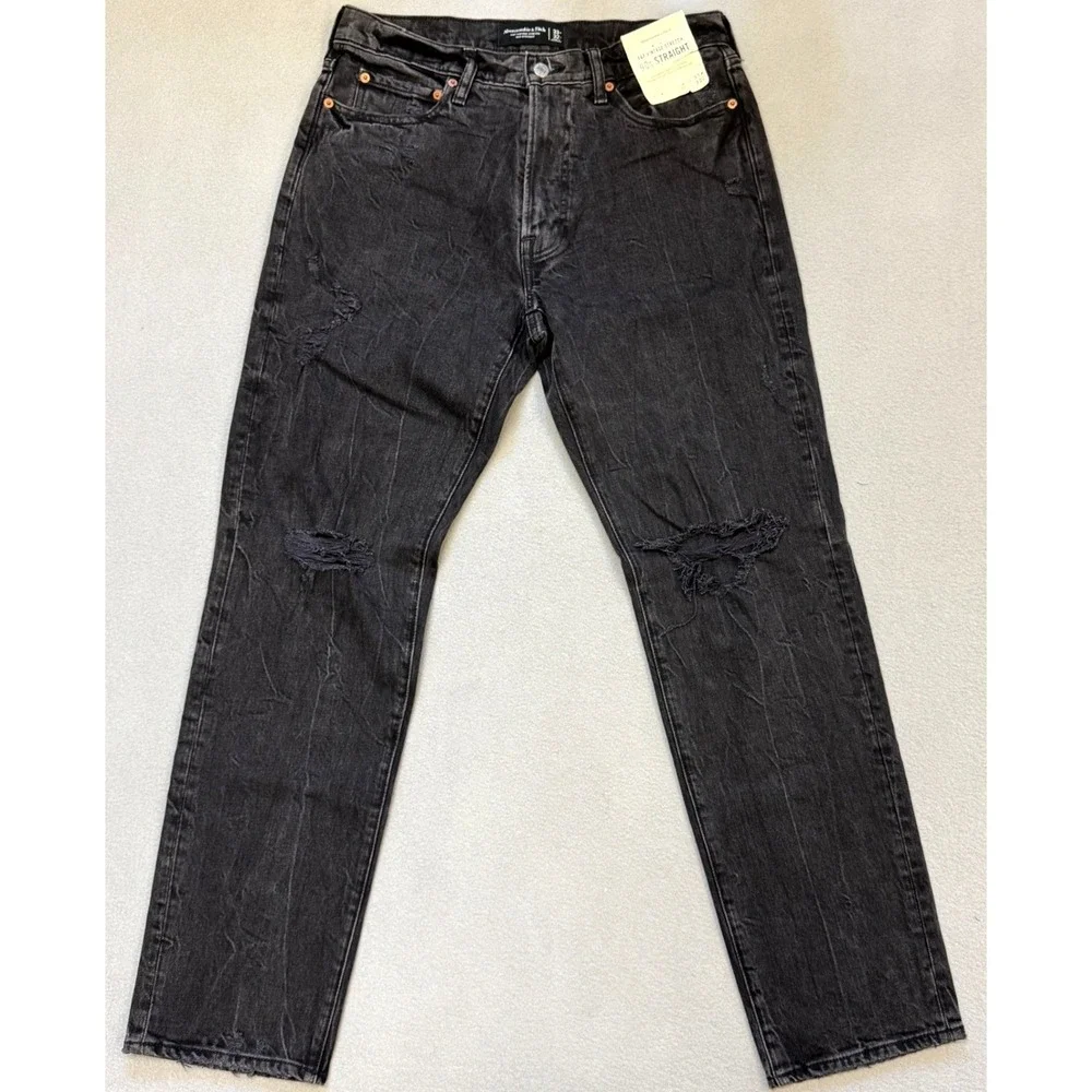 Abercrombie Fitch 90s Straight Jeans Men 33x32 (32x32) Black Distressed Stretch